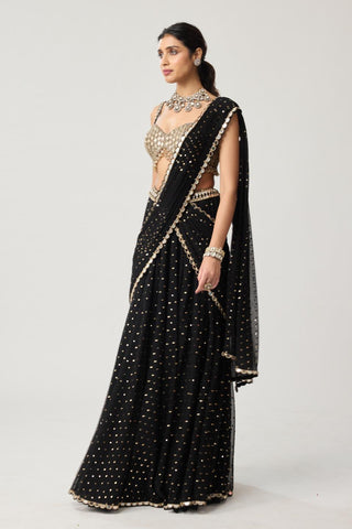 Saree Set for Contemporary Wear – Black Flared Georgette Pants by Vvani by Vani Vats