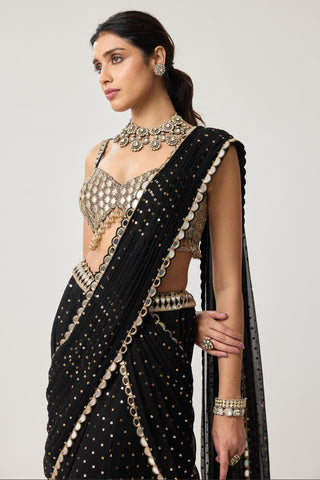 Saree Set for Contemporary Wear – Black Flared Georgette Pants by Vvani by Vani Vats