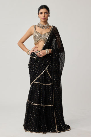 Saree Set for Indian Weddings – Black Multi-tier Georgette by Vvani by Vani Vats