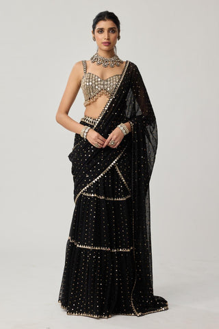 Saree Set for Indian Weddings – Black Multi-tier Georgette by Vvani by Vani Vats