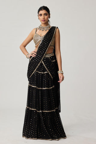 Saree Set for Indian Weddings – Black Multi-tier Georgette by Vvani by Vani Vats