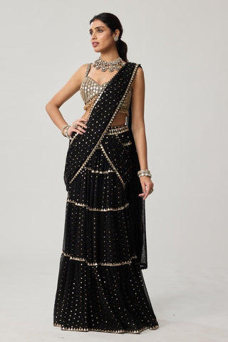 Saree Set for Indian Weddings – Black Multi-tier Georgette by Vvani by Vani Vats