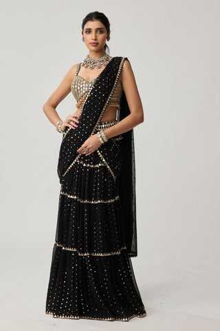 Saree Set for Indian Weddings – Black Multi-tier Georgette by Vvani by Vani Vats