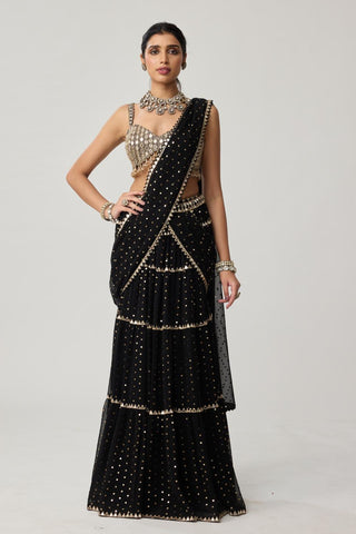 Saree Set for Indian Weddings – Black Multi-tier Georgette by Vvani by Vani Vats