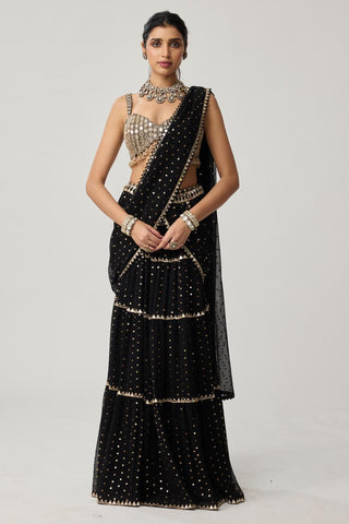 Saree Set for Indian Weddings – Black Multi-tier Georgette by Vvani by Vani Vats