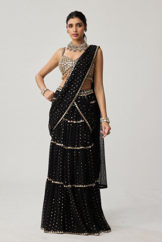 Saree Set for Indian Weddings – Black Multi-tier Georgette by Vvani by Vani Vats