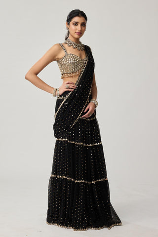 Saree Set for Indian Weddings – Black Multi-tier Georgette by Vvani by Vani Vats