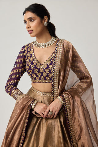 Lehenga Set for Indian Weddings – Brown Tissue Mughal Motif by Vvani by Vani Vats