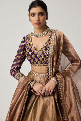 Lehenga Set for Indian Weddings – Brown Tissue Mughal Motif by Vvani by Vani Vats