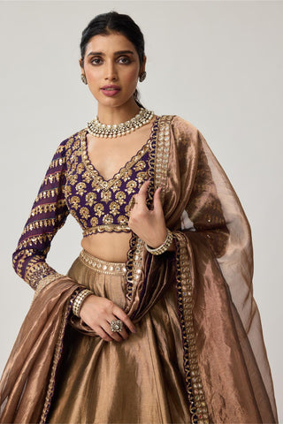Lehenga Set for Indian Weddings – Brown Tissue Mughal Motif by Vvani by Vani Vats
