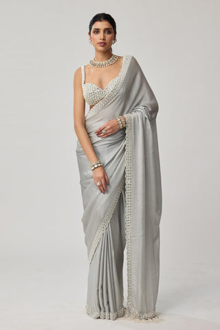 Saree Set for Indian Weddings – Gray Chiffon Pearl & Mirror by Vvani by Vani Vats
