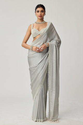 Saree Set for Indian Weddings – Gray Chiffon Pearl & Mirror by Vvani by Vani Vats