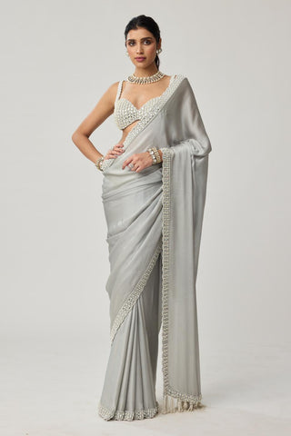 Saree Set for Indian Weddings – Gray Chiffon Pearl & Mirror by Vvani by Vani Vats