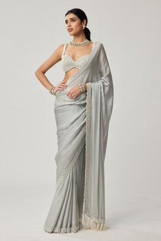 Saree Set for Indian Weddings – Gray Chiffon Pearl & Mirror by Vvani by Vani Vats