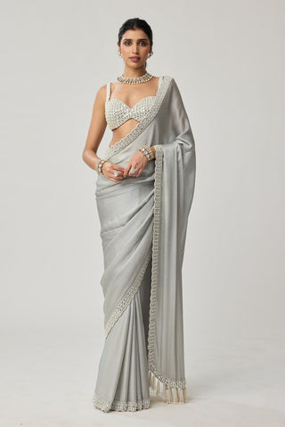 Saree Set for Indian Weddings – Gray Chiffon Pearl & Mirror by Vvani by Vani Vats