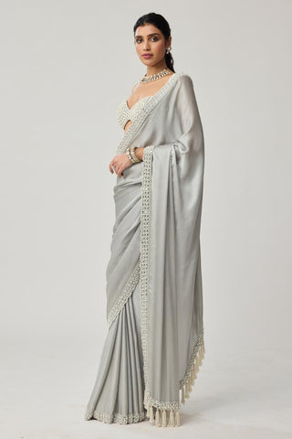 Saree Set for Indian Weddings – Gray Chiffon Pearl & Mirror by Vvani by Vani Vats