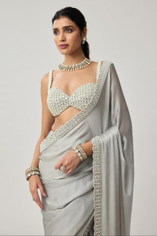 Saree Set for Indian Weddings – Gray Chiffon Pearl & Mirror by Vvani by Vani Vats