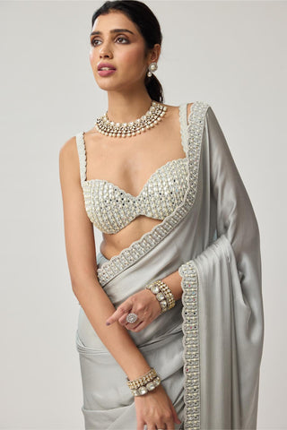 Saree Set for Indian Weddings – Gray Chiffon Pearl & Mirror by Vvani by Vani Vats