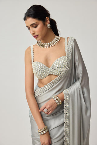 Saree Set for Indian Weddings – Gray Chiffon Pearl & Mirror by Vvani by Vani Vats