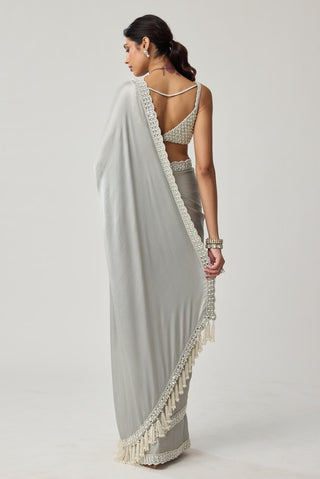 Saree Set for Indian Weddings – Gray Chiffon Pearl & Mirror by Vvani by Vani Vats