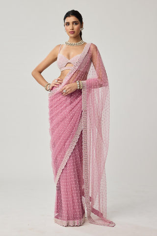Saree Set for Contemporary Wear – Onion Pink Pearl Scattered Net by Vvani by Vani Vats
