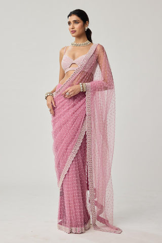 Saree Set for Contemporary Wear – Onion Pink Pearl Scattered Net by Vvani by Vani Vats