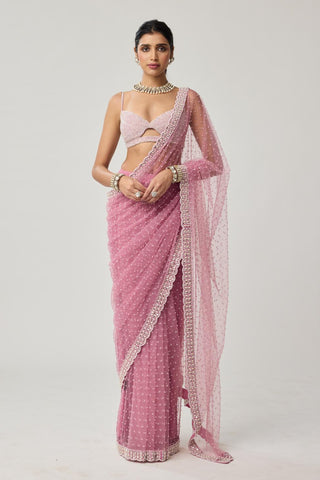 Saree Set for Contemporary Wear – Onion Pink Pearl Scattered Net by Vvani by Vani Vats