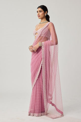 Saree Set for Contemporary Wear – Onion Pink Pearl Scattered Net by Vvani by Vani Vats