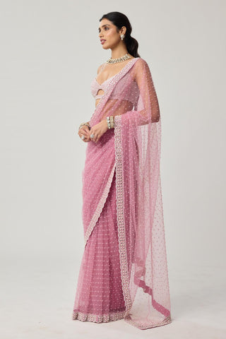 Saree Set for Contemporary Wear – Onion Pink Pearl Scattered Net by Vvani by Vani Vats