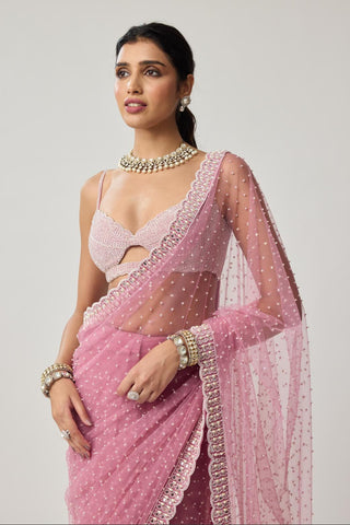 Saree Set for Contemporary Wear – Onion Pink Pearl Scattered Net by Vvani by Vani Vats
