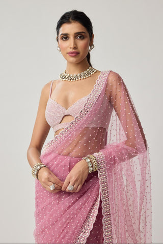 Saree Set for Contemporary Wear – Onion Pink Pearl Scattered Net by Vvani by Vani Vats