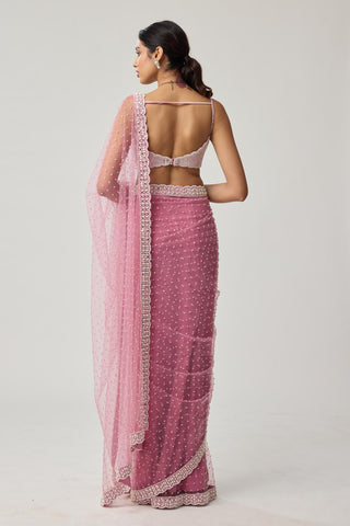 Saree Set for Contemporary Wear – Onion Pink Pearl Scattered Net by Vvani by Vani Vats