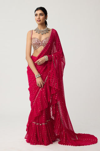 Ruffle Sequins Mirror Saree Set for Indian Wedding – Red Festive by Vvani by Vani Vats