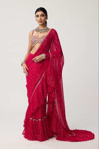 Ruffle Sequins Mirror Saree Set for Indian Wedding – Red Festive by Vvani by Vani Vats