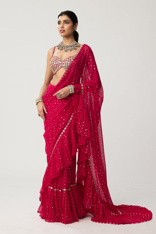 Ruffle Sequins Mirror Saree Set for Indian Wedding – Red Festive by Vvani by Vani Vats