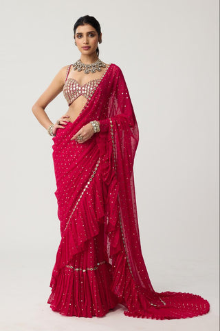Ruffle Sequins Mirror Saree Set for Indian Wedding – Red Festive by Vvani by Vani Vats