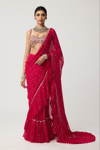 Ruffle Sequins Mirror Saree Set for Indian Wedding – Red Festive by Vvani by Vani Vats