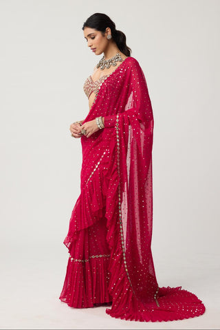 Ruffle Sequins Mirror Saree Set for Indian Wedding – Red Festive by Vvani by Vani Vats