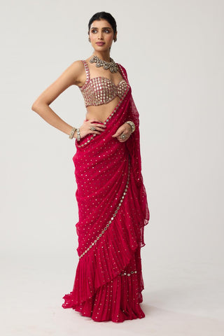 Ruffle Sequins Mirror Saree Set for Indian Wedding – Red Festive by Vvani by Vani Vats