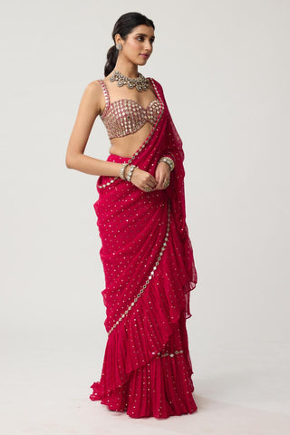 Ruffle Sequins Mirror Saree Set for Indian Wedding – Red Festive by Vvani by Vani Vats