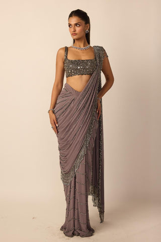 Draped Saree for Indian Wedding – Metallic Gray Linear by Vvani By Vani Vats