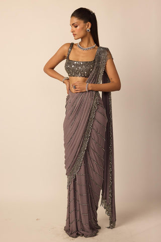 Draped Saree for Indian Wedding – Metallic Gray Linear by Vvani By Vani Vats