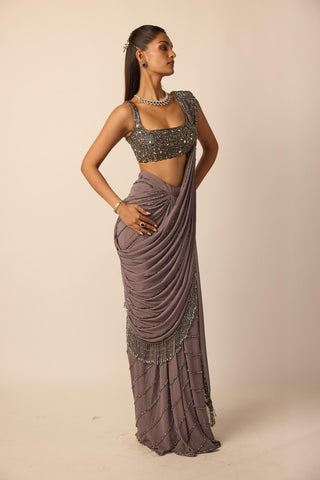 Draped Saree for Indian Wedding – Metallic Gray Linear by Vvani By Vani Vats