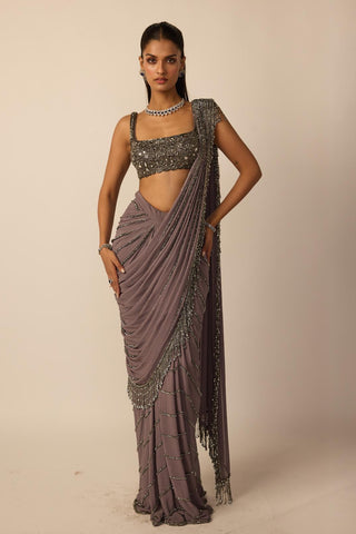Draped Saree for Indian Wedding – Metallic Gray Linear by Vvani By Vani Vats