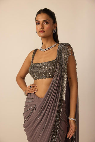 Draped Saree for Indian Wedding – Metallic Gray Linear by Vvani By Vani Vats