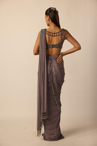 Draped Saree for Indian Wedding – Metallic Gray Linear by Vvani By Vani Vats