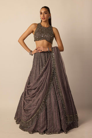 Lehenga Set for Indian Wedding – Metallic Gray Linear by Vvani By Vani Vats
