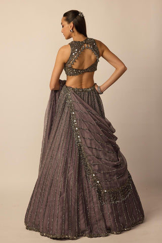 Lehenga Set for Indian Wedding – Metallic Gray Linear by Vvani By Vani Vats