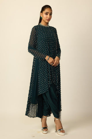 Kurta Set for Indian Wedding – Green Teal Silver Drop by Vvani By Vani Vats