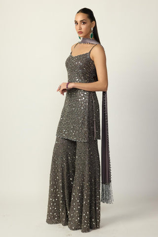 Sharara Set for Indian Wedding – Metallic Gray Kurta by Vvani By Vani Vats
